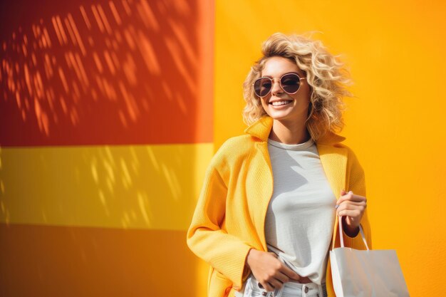 Bella modella ragazza felice con borsa della spesa a sfondo di colore pastello Modella ragazza borsa di spesa con occhiali da sole spesa estiva con donne moda