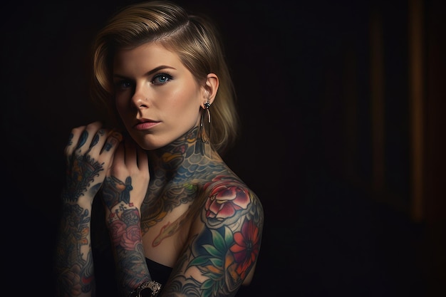 Bella modella tatuata che posa nello stile dei colori moody Generative AI