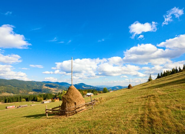 Bella montagna autunnale e piccolo villaggio sul fianco della montagna (Carpazi. Ucraina)