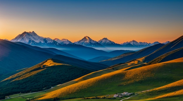 Bella montagna con alba e luce soffusa