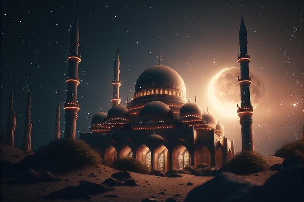 Bella moschea al chiaro di luna di notte fredda IA generativa