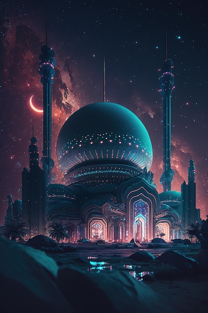 bella moschea con luce al neon incandescente