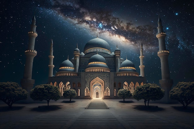 bella moschea di notte con lo sfondo del cielo della Via Lattea