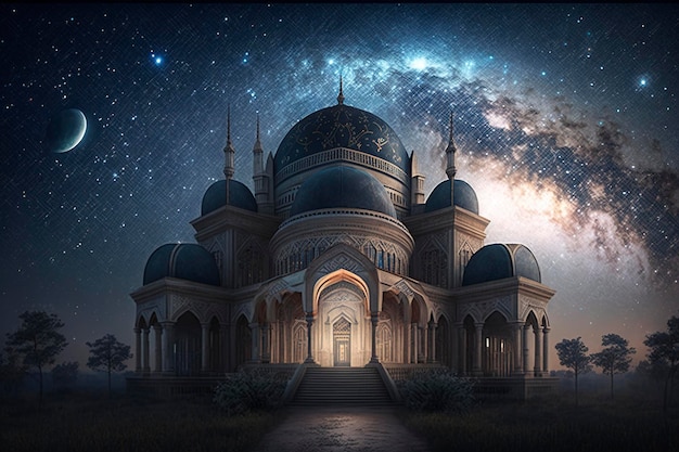 bella moschea di notte con lo sfondo del cielo della Via Lattea