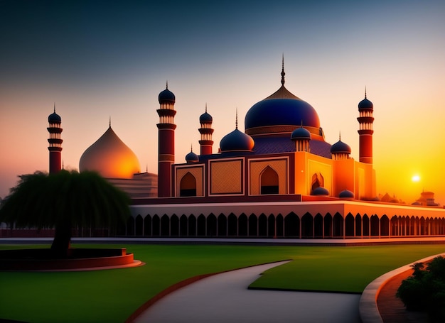 Bella moschea masjid islamica la sera durante il tramonto Ai Generated Art Work