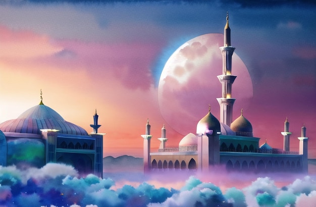 Bella Moschea Notte Sfondo per Ramadan Kareem Eid Mubarak Festival Musulmano di Ramzan Acquerello Concetto Islamico Banner di Masjid Architettura Islamica AI Generativa