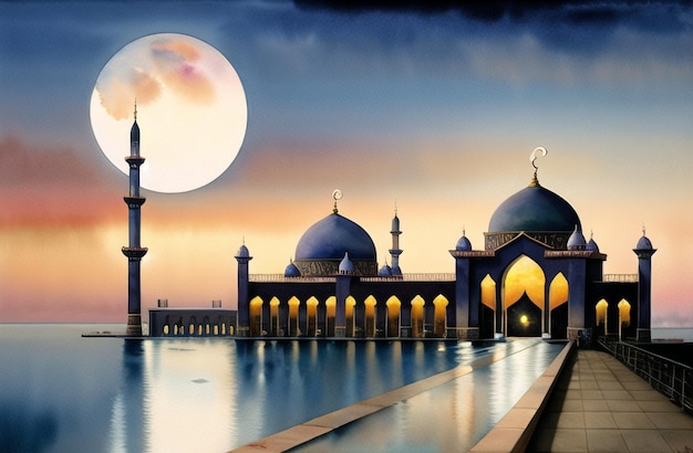 Bella Moschea Notte Sfondo per Ramadan Kareem Eid Mubarak Festival Musulmano di Ramzan Acquerello Concetto Islamico Banner di Masjid Architettura Islamica AI Generativa