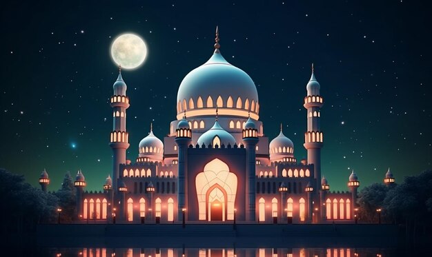 Bella moschea serena di notte nel mese benedetto del ramadan generativo ai