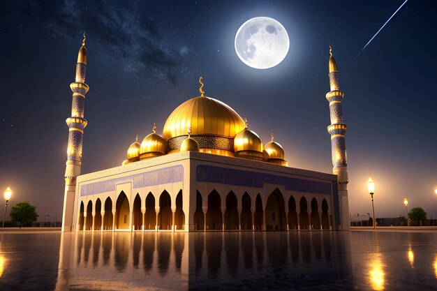 Bella Moschea Sfondo notturno Ramadan Kareem Eid Mubarak Architettura islamica IA generativa