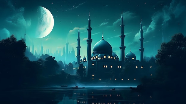 Bella moschea sullo sfondo della città notturna e della luna