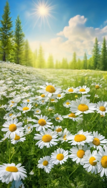 Bella natura di sfondo di primavera sfocata con alberi di camomilla in fiore e cielo blu