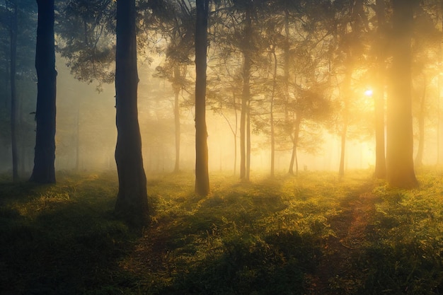 Bella natura e alberi verdi nella foresta nebbiosa