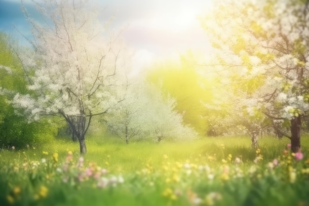 Bella natura sfocata sullo sfondo con fiori in fiore