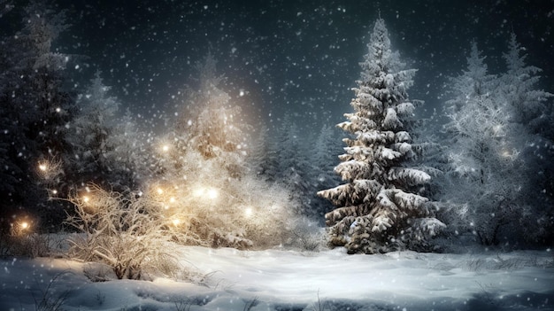 Bella nevicata decorata nell'albero di Natale in un freddo paesaggio invernale