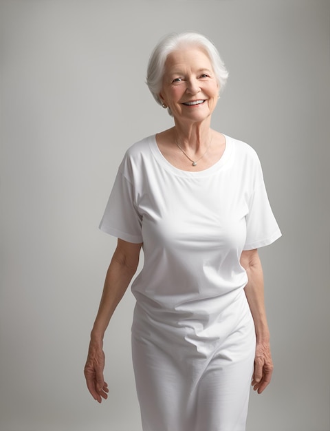 Bella nonna bianca vecchia donna sorridente in maglietta bianca vuota Mockup