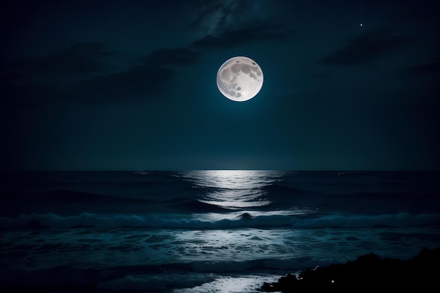 bella notte nell'oceano con la luna piena e il cielo nero