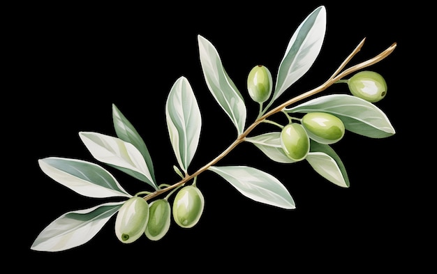 Bella oliva ad acquerello disegnata a mano con foglie e brace su uno sfondo bianco