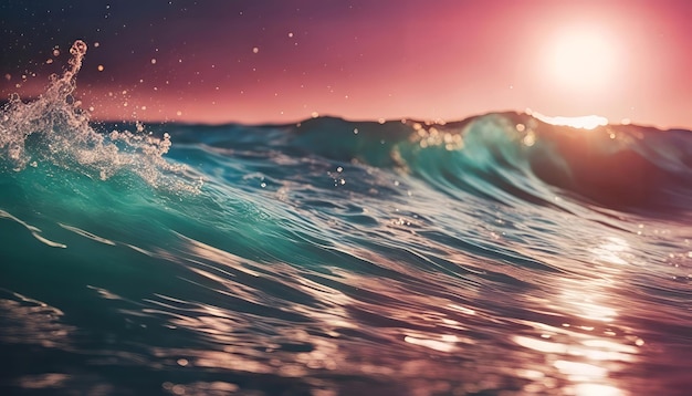 Bella onda dell'oceano con spruzzi d'acqua sullo sfondo del tramonto