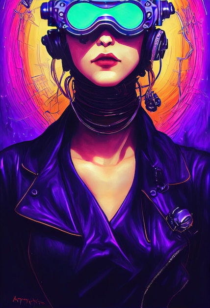 Bella onda retrò Scienziata con occhiali Cyberpunk metaverse carattere Concept Arte digitale