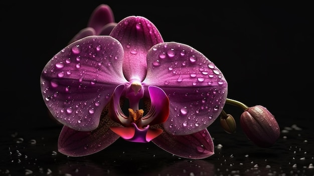 Bella orchidea viola con gocce d'acqua su uno sfondo nero ai generativo