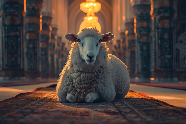 Bella pecora o agnello dell'Eid al-Adha con sfondo islamico per il design post colorato dell'eid al-Adhah