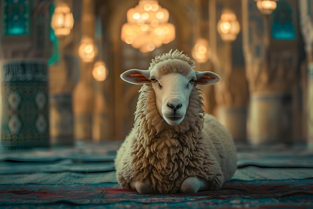 Bella pecora o agnello dell'Eid al-Adha con sfondo islamico per il design post colorato dell'eid al-Adhah