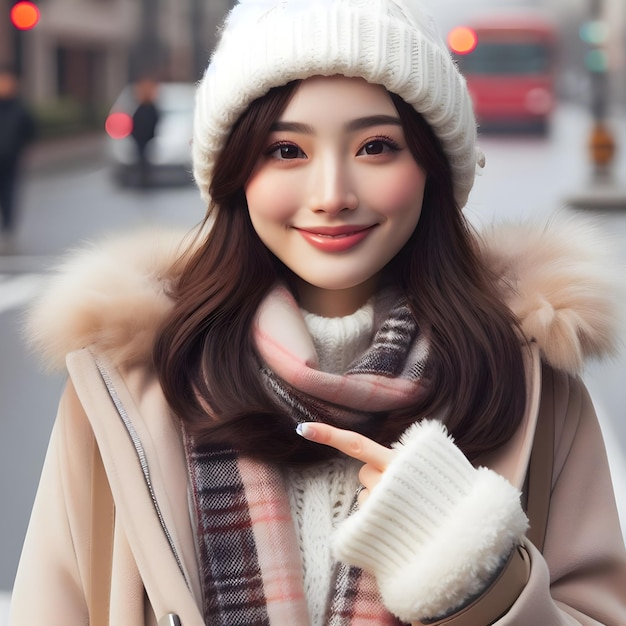 Bella persona asiatica che indossa abiti da inverno che indica l'indice delle informazioni a mano ai generare