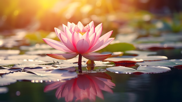 Bella pianta acquatica di loto rosa con riflesso nell'acqua