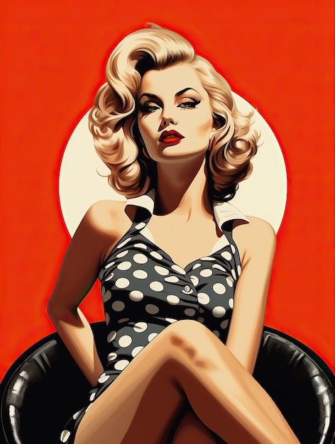 Bella pin up ragazza che indossa un vestito a puntini in stile '50 poster retro grafico con sfondo rosso