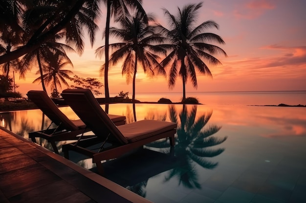 Bella piscina al tramonto in un hotel resort Silhouette piscina di lusso con palme spiaggia al tramonto notturno Creato con Generate Ai Technology