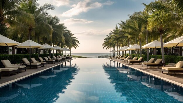 Bella piscina all'aperto in hotel e resort con sedia e ponte per le vacanze di svago