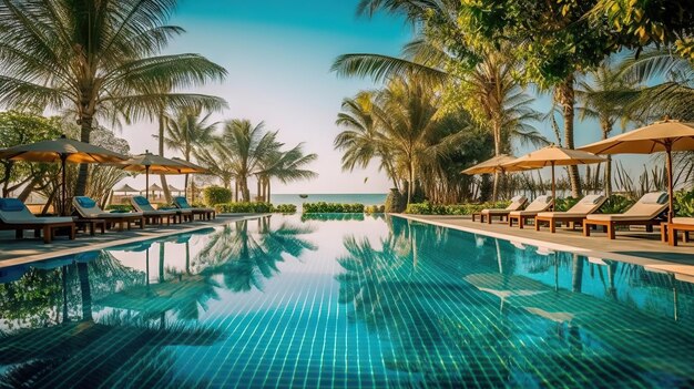 Bella piscina di lusso con ombrellone e sedia nel pool resort dell'hotel Generative AI