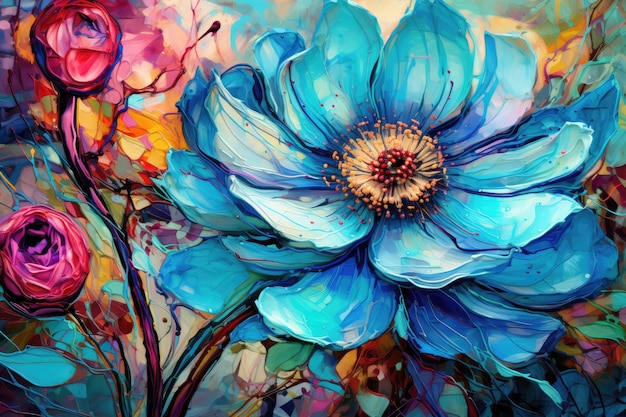 Bella pittura ad acquerello di fiori blu illustrazione disegnata a mano opera d'arte floreale nello stile di Van Gogh AI generata