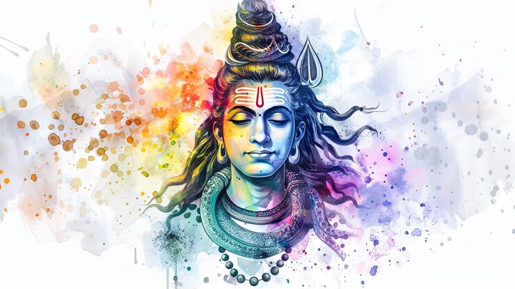 Bella pittura digitale di Lord Shiva, la divinità suprema, in ornamenti divini su uno sfondo bianco