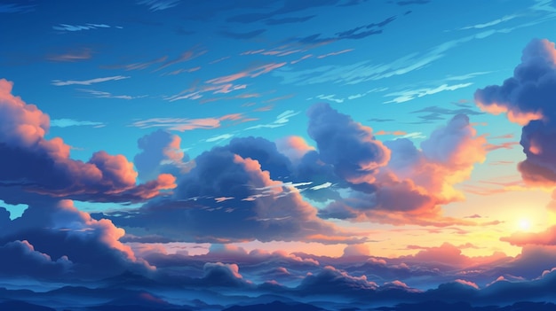 Bella pittura vettoriale dell'alba, paesaggio del cielo blu con nuvole sullo sfondo