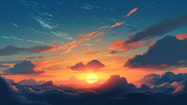 Bella pittura vettoriale dell'alba, paesaggio del cielo blu con nuvole sullo sfondo