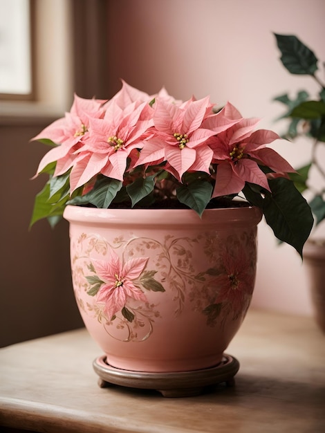 Bella poinsettia rosa in un vaso di marmo