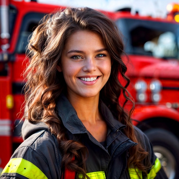 Bella pompiere in uniforme sullo sfondo di un camion dei pompieri