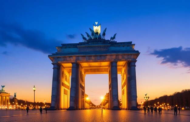 Bella porta di Brandeburgo illuminata in una bellissima vista frontale del cielo