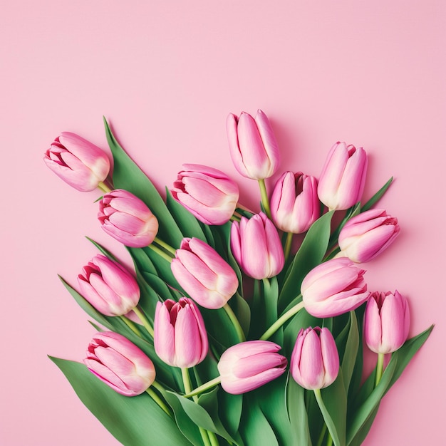 bella primavera fiori di tulipano sfondo vista dall'alto in stile laico piatto Saluto per le donne o le madri