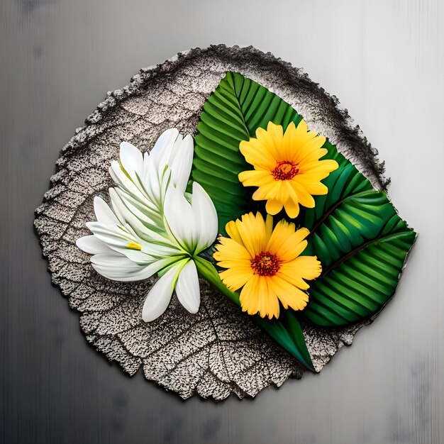 bella primavera_fiori_e_foglie_su_bianco_sfondio_con_negativo_spazio_3d_creativo