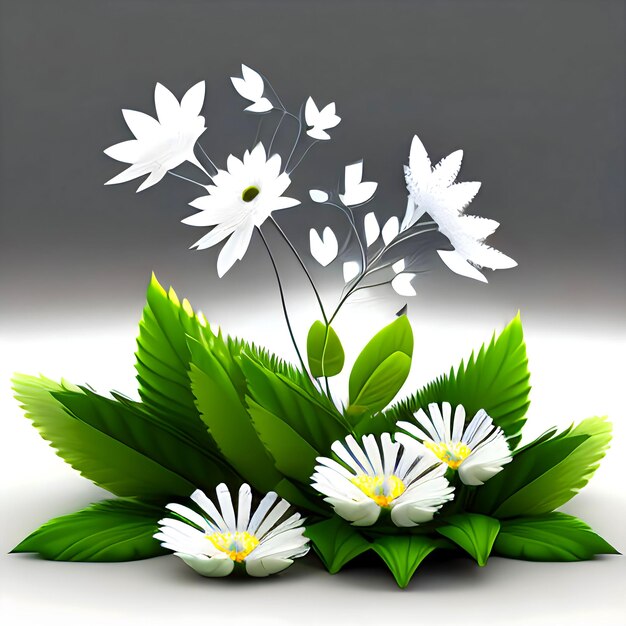 bella primavera_fiori_e_foglie_su_bianco_sfondio_con_negativo_spazio_3d_creativo