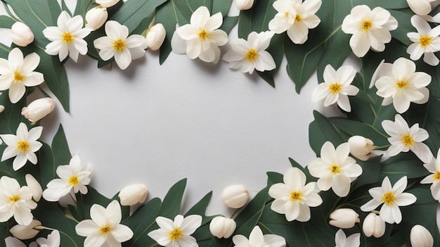 bella primavera fiori e foglie su sfondo bianco con spazio negativo