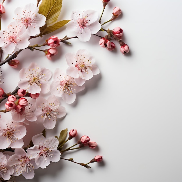 bella primavera fiori e foglie su sfondo bianco con spazio negativo