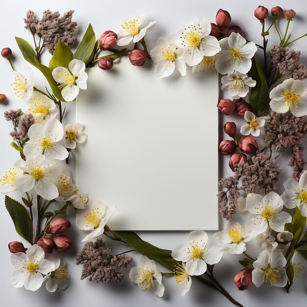 bella primavera fiori e foglie su sfondo bianco con spazio negativo