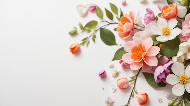 bella primavera fiori e foglie su sfondo bianco con spazio negativo