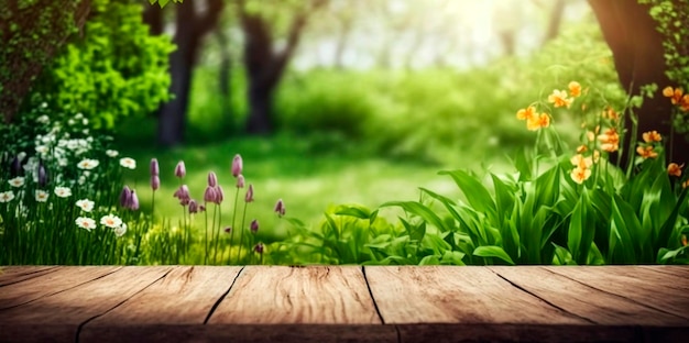 Bella primavera sfondo tavolo in legno in un giardino verde Generativo Ai