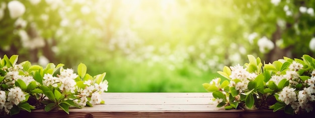 Bella primavera sfondo tavolo in legno in un giardino verde Generativo Ai