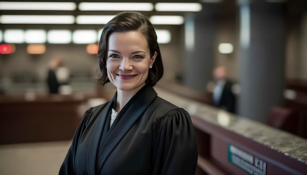 bella procuratrice femminile sorridente che indossa la veste del procuratore all'interno di uno sfondo sfocato del tribunale