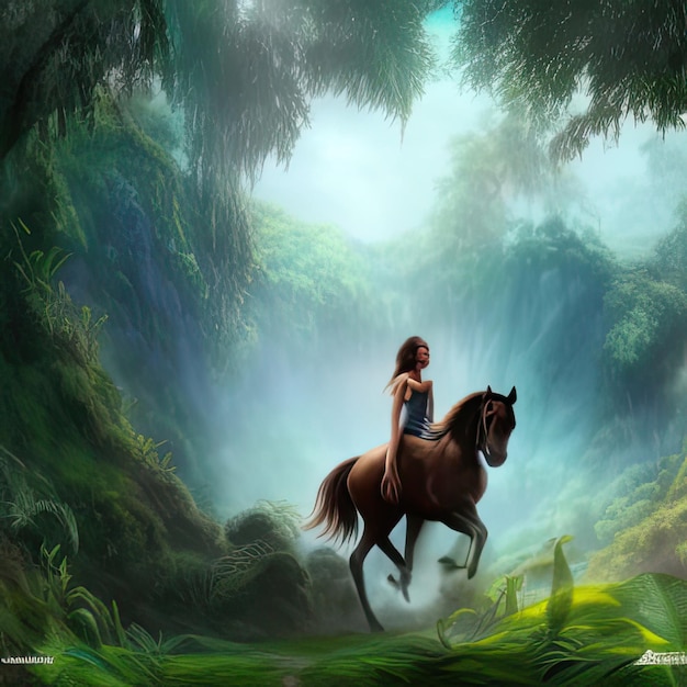 Bella ragazza a cavallo nella giungla rendering 3D